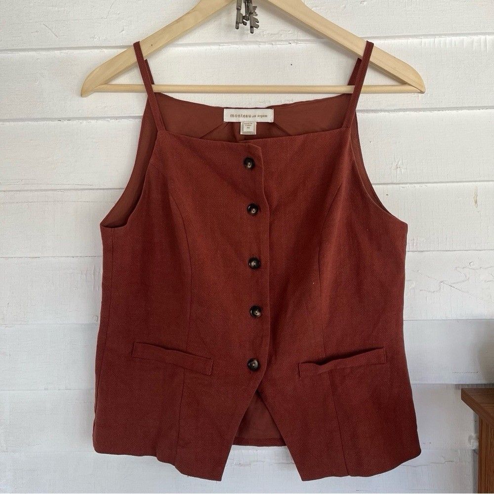 Monteau Los Angeles Women's L Brown Solid Square Neck Woven Button Front Lined